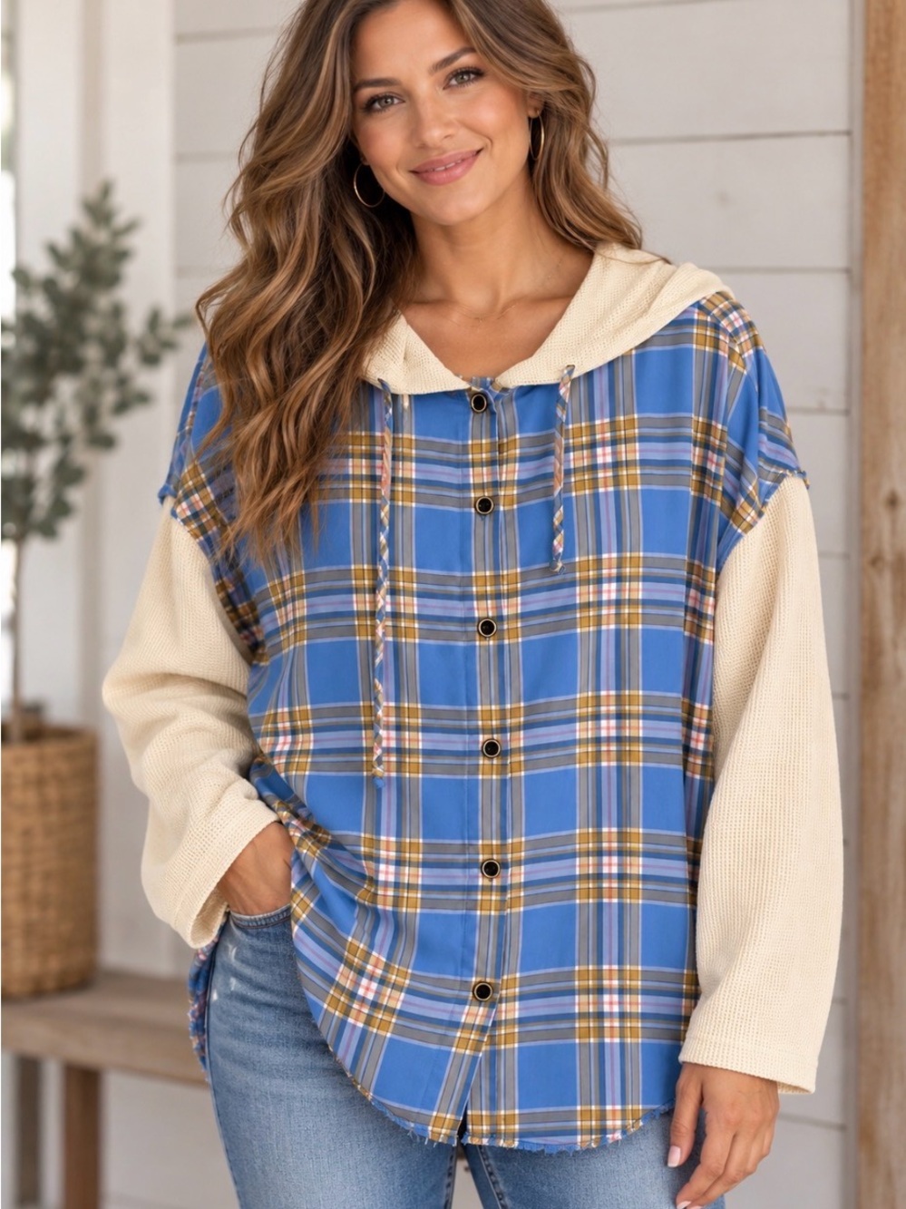 Blue Waters Boutique Plaid Button-Front Hoodie Top - Blue & Cream